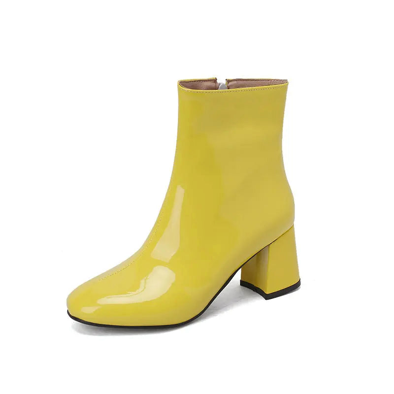 Glossy Leather Ankle Boots Stylish Block Heel