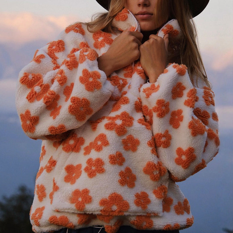 Women's Fleece Sweatshirt - Floral Half-Zip