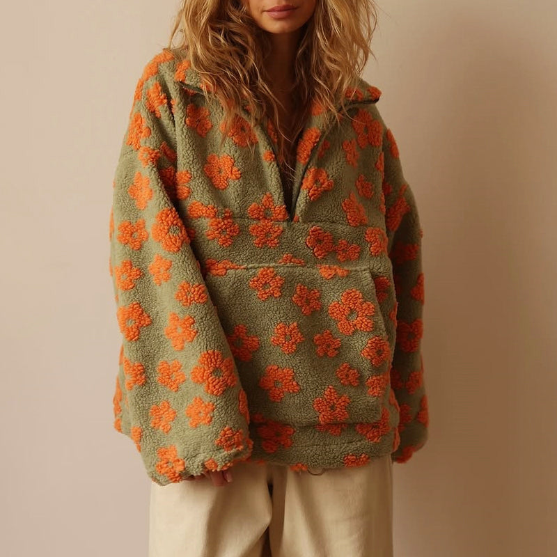 Women's Fleece Sweatshirt - Floral Half-Zip