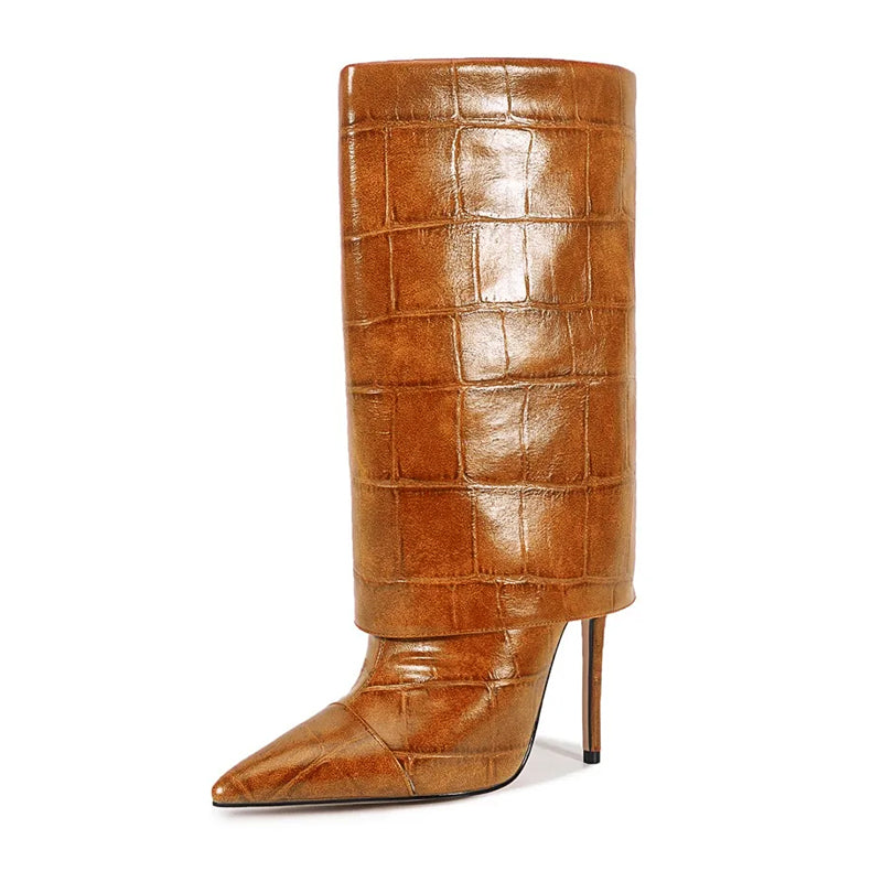 Mid-Calf Stiletto Boots – Croc Print