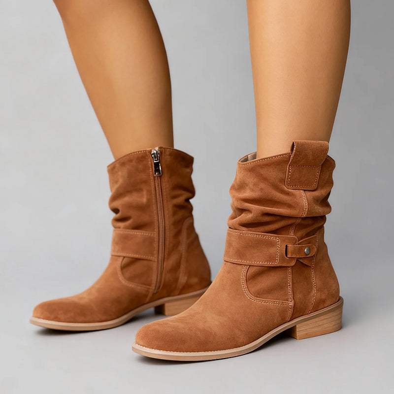 Women's Suede Slouch Boots - Mid-Calf Low Heel