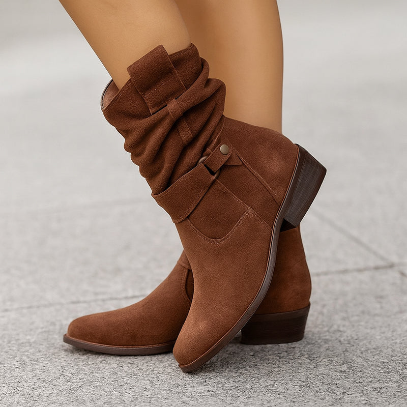 Women's Suede Slouch Boots - Mid-Calf Low Heel