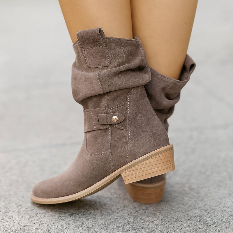 Women's Suede Slouch Boots - Mid-Calf Low Heel