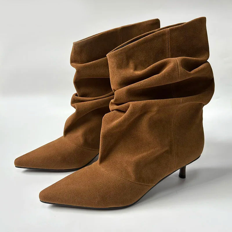Pointed Slouch Boots - Brown Suede