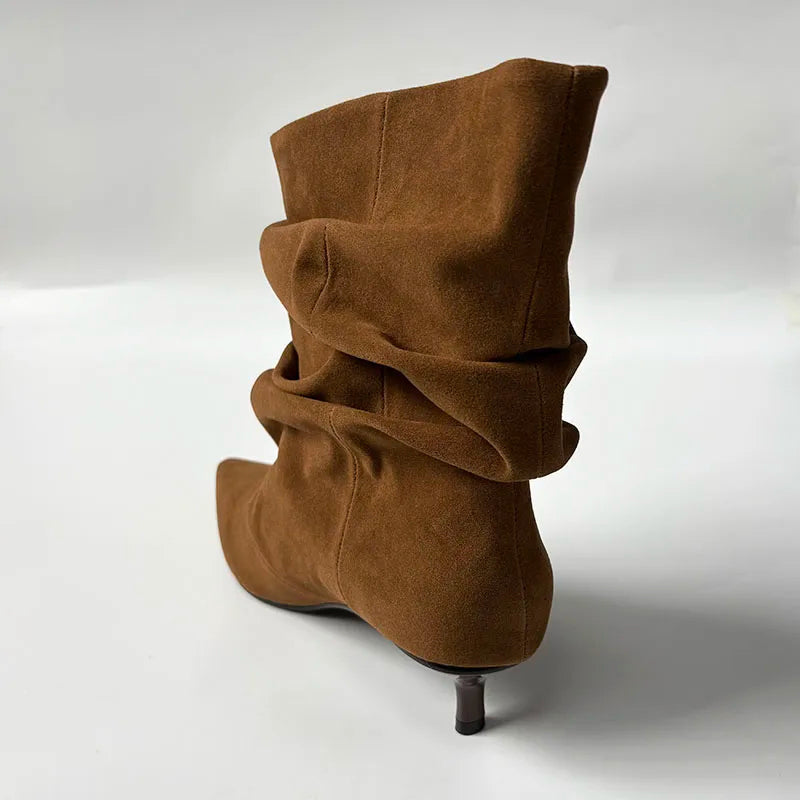 Pointed Slouch Boots - Brown Suede