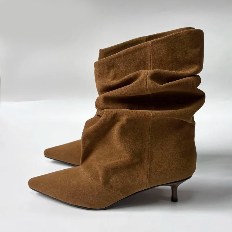 Pointed Slouch Boots - Brown Suede