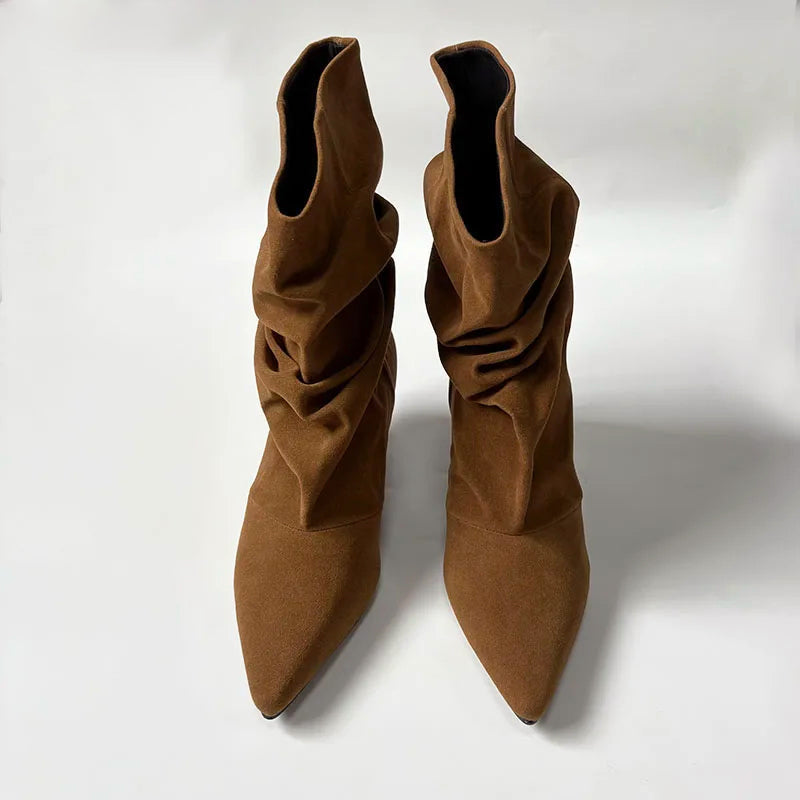 Pointed Slouch Boots - Brown Suede