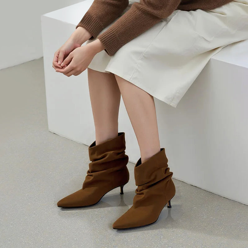 Pointed Slouch Boots - Brown Suede