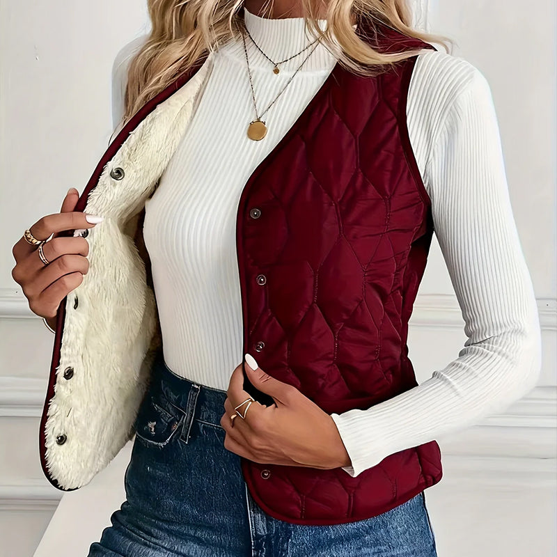 Quilted Snap-Front Vest With Sherpa