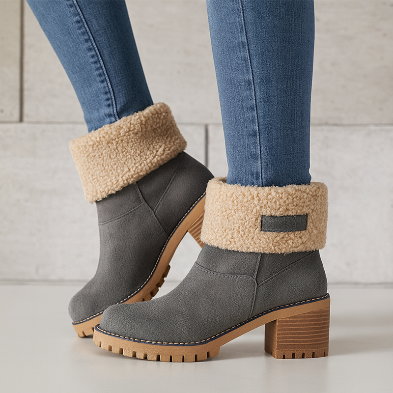 Women's Winter Boots – Fold-Over Cuff, Chunky Heel