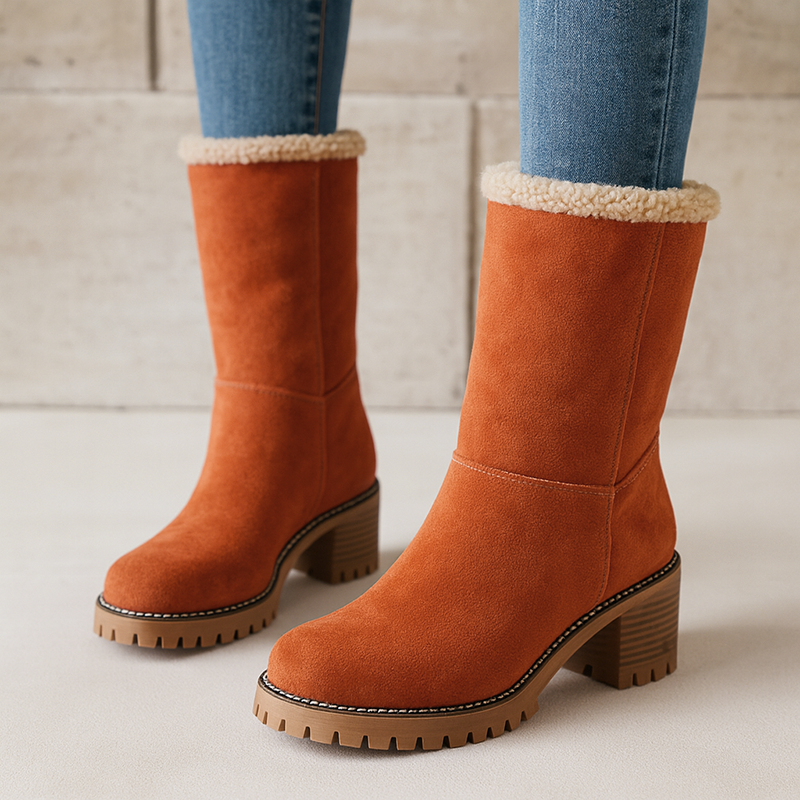 Women's Winter Boots – Fold-Over Cuff, Chunky Heel