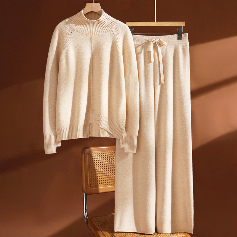 Women's Wool Knit Set – Cozy High Neck Sweater & Wide Leg Pants