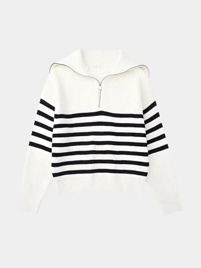 Striped Zip-Up Sweater - Elegant Casual Knitwear