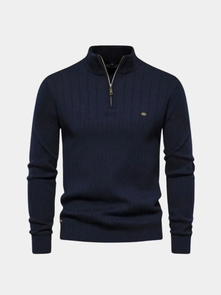 Quarter-Zip Sweater | Cotton Knit Vertical Stripes | Viretti Milano