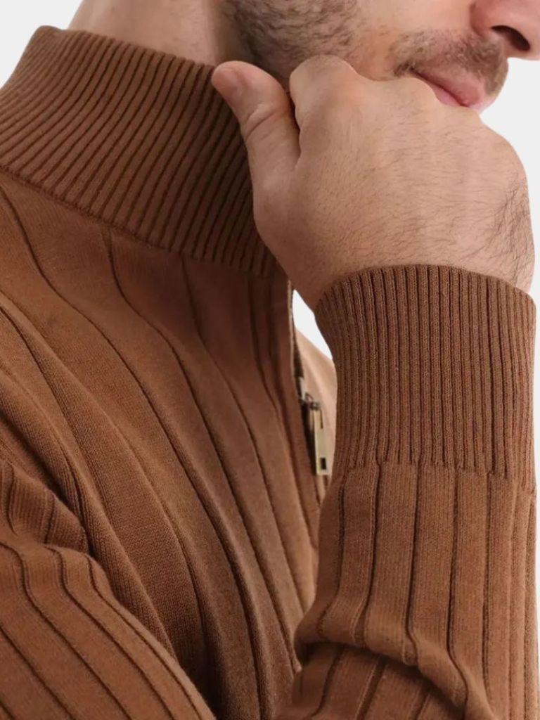 Quarter-Zip Sweater | Cotton Knit Vertical Stripes | Viretti Milano