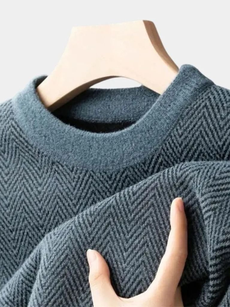 Wool Sweater – Tailored Fit Herringbone Pattern Pullover
