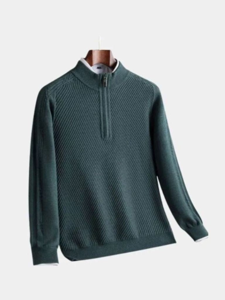 Wool Quarter Zip Sweater - Striped Stylish Pullover