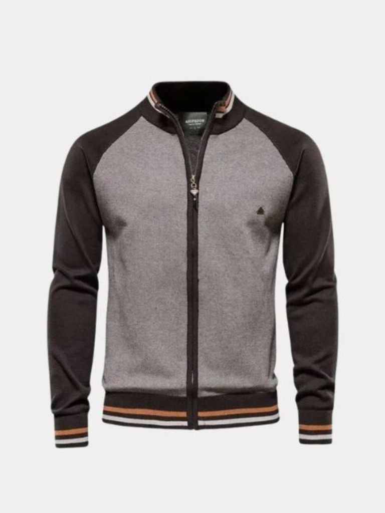 Color Block Cardigan: Stylish Zipper Standing Collar Sweater
